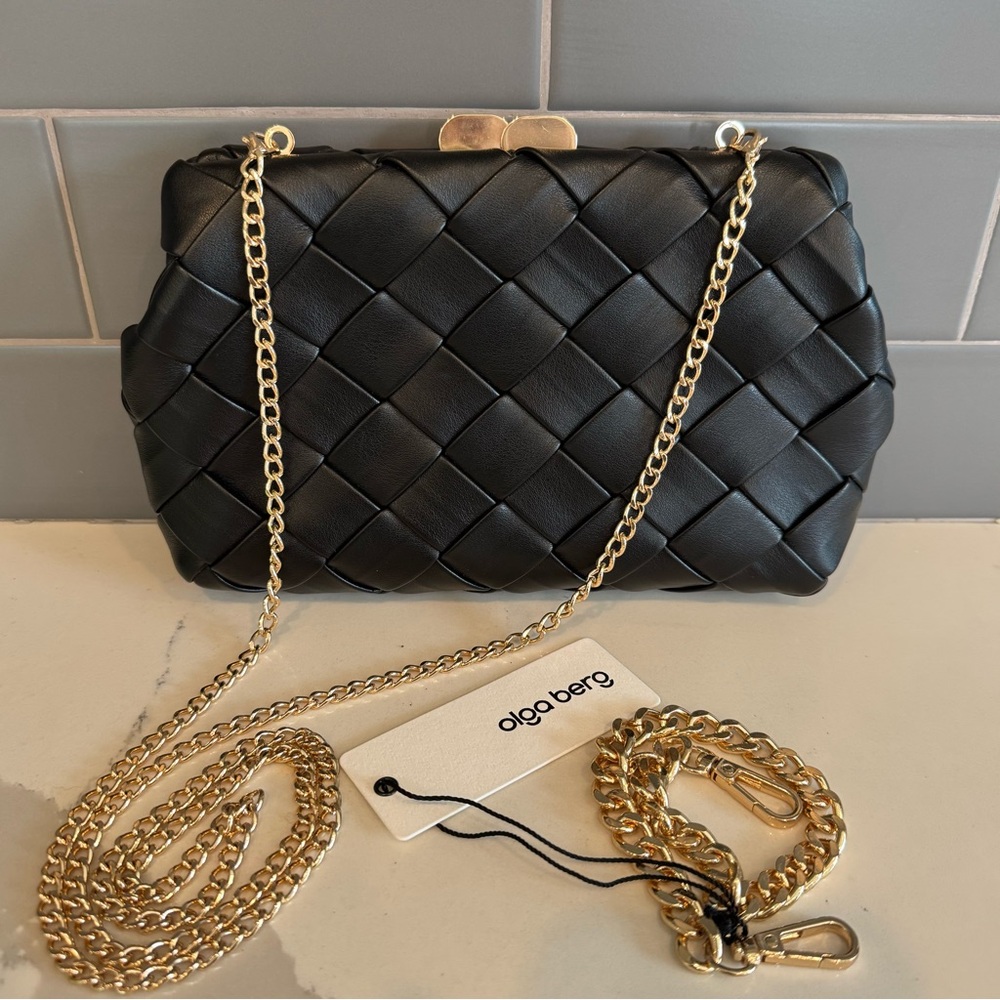 NWT olga berg Quinn Woven Clutch in Black GOLD CHAIN CROSSBODY SHOULDER LEATHER